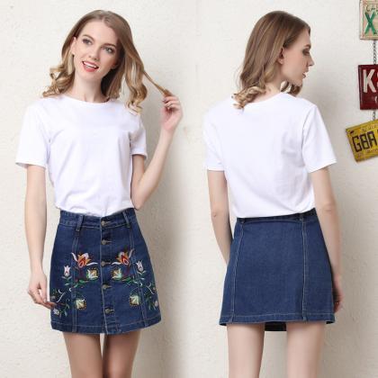 Floral Embroidered Denim Button Down Mini Skirt