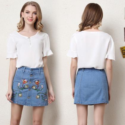 Floral Embroidered Denim Button Down Mini Skirt