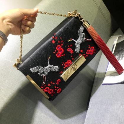 Leather Shoulder Bag With Floral And Cranes..