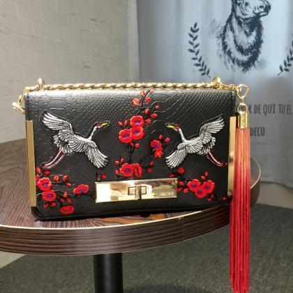 Leather Shoulder Bag With Floral And Cranes..