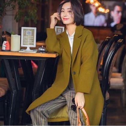 Mustard Green Wool Jacket Plus Size Women Coat..