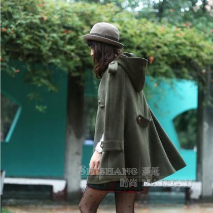 Army Green Women Cape Coat