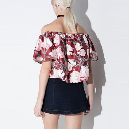 Off-the-shoulder Floral Print Short-sleeved Blouse