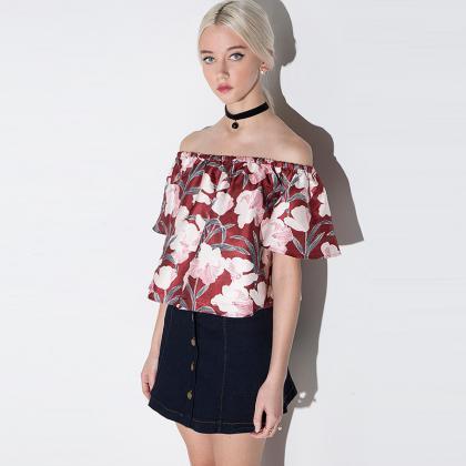Off-the-shoulder Floral Print Short-sleeved Blouse