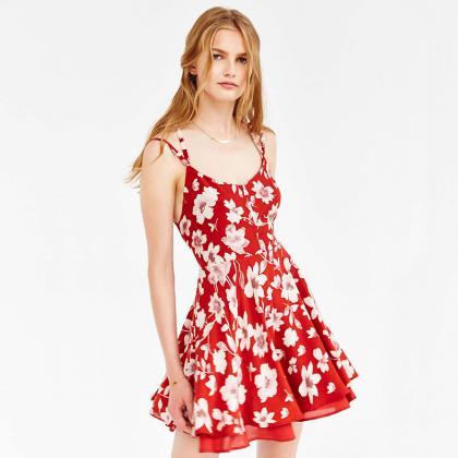 Red Floral Print Chiffon Dress Sweet Skater Dress..