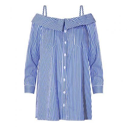 Blue And White Striped Off-the-shoulder Long..