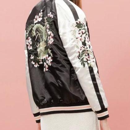 Convertible Baseball Jacket With Floral Embroidery