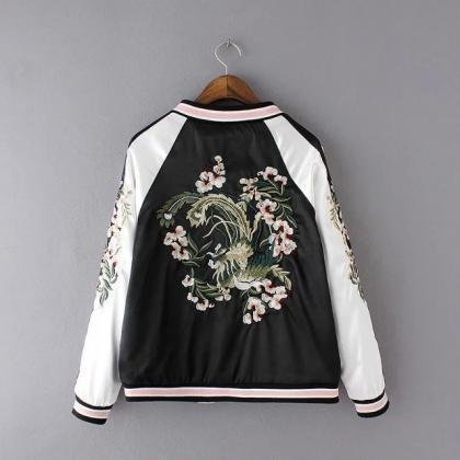 Convertible Baseball Jacket With Floral Embroidery