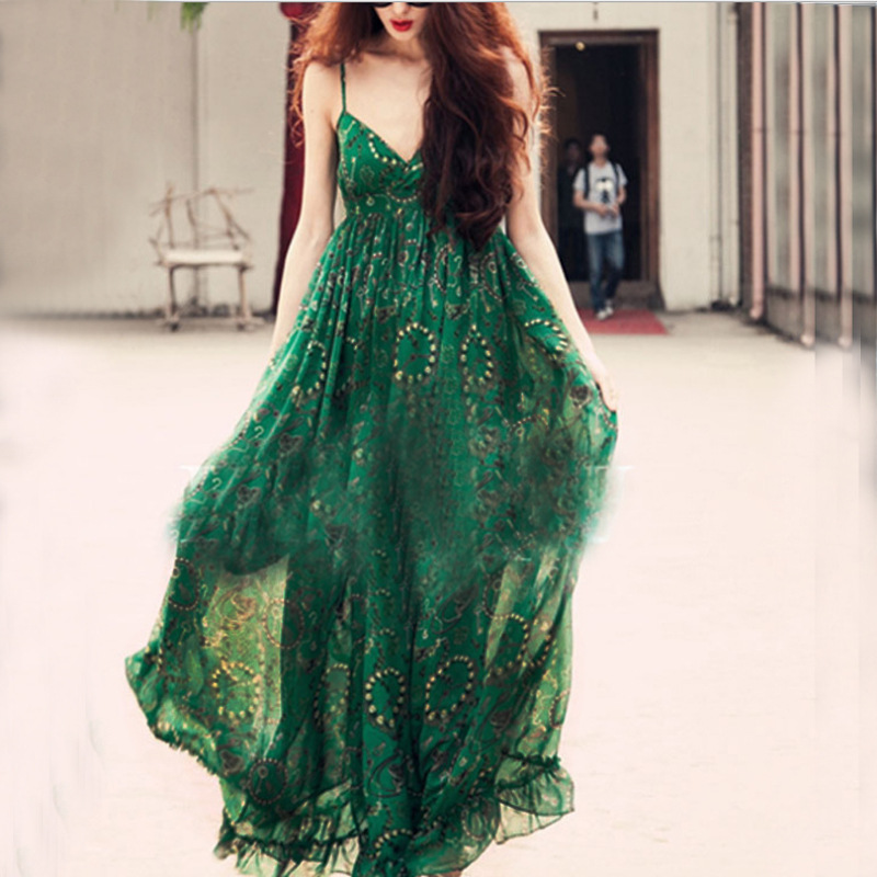 Summer Green Sexy Braces Dress Elegant Sweet Bohemia Chiffon Beach Dress(eaiku)