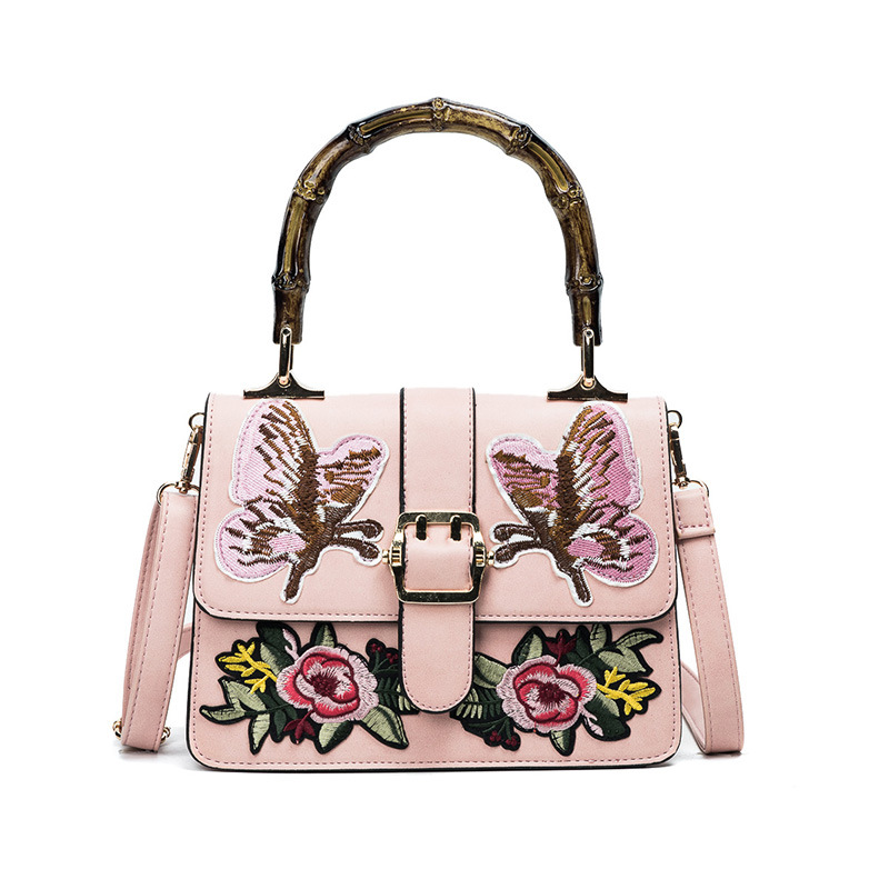 Fauna And Floral Embellished Crossbody Handbag Featuring Bamboo Inspired Handle