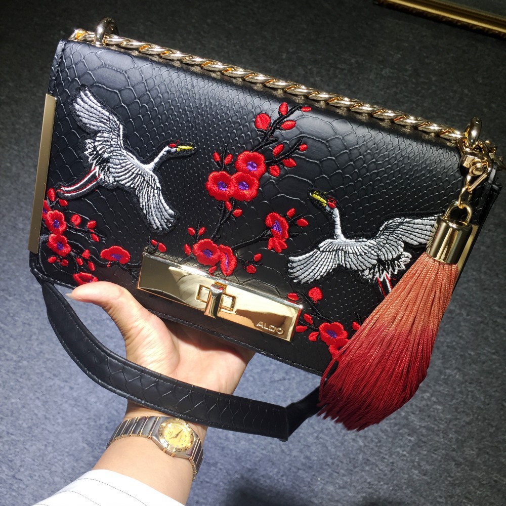 Leather Shoulder Bag With Floral And Cranes Embroidery