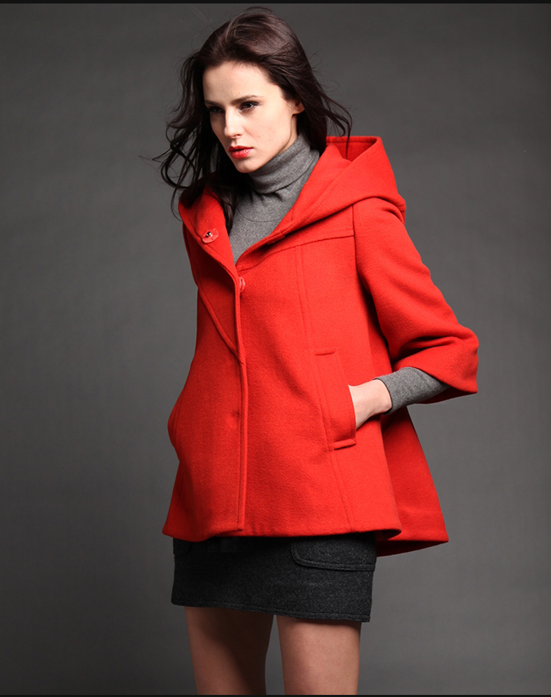 2015 Fashion Three Quarter Sleeve With A Hood Woolen Outerwear Cloak Wool Overcoat Female