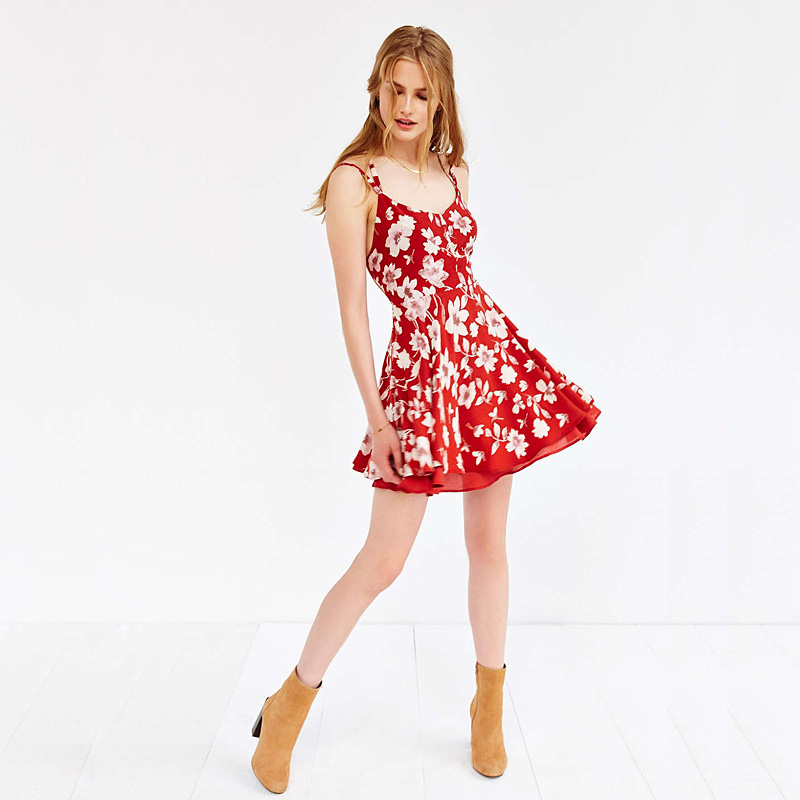 Red Floral Print Chiffon Dress Sweet Skater Dress With Adjustable Shoulder Belt
