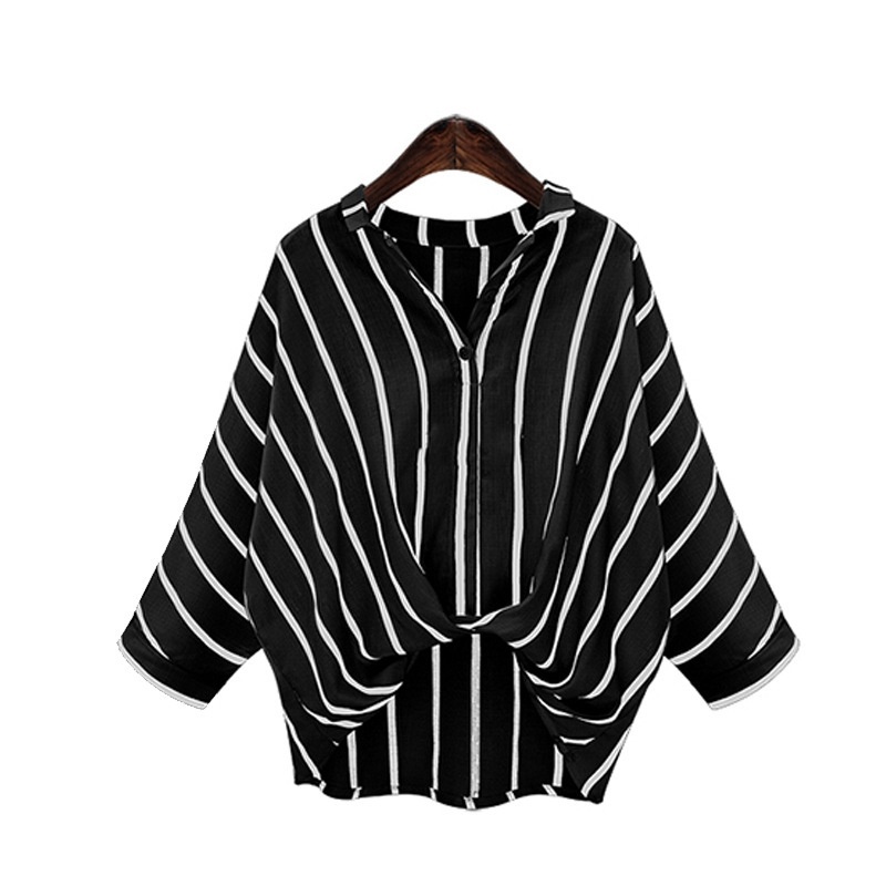 Spring And Summer Women Plus Size Cotton Linen Hooded Bat Sleeve Stripes Shirt