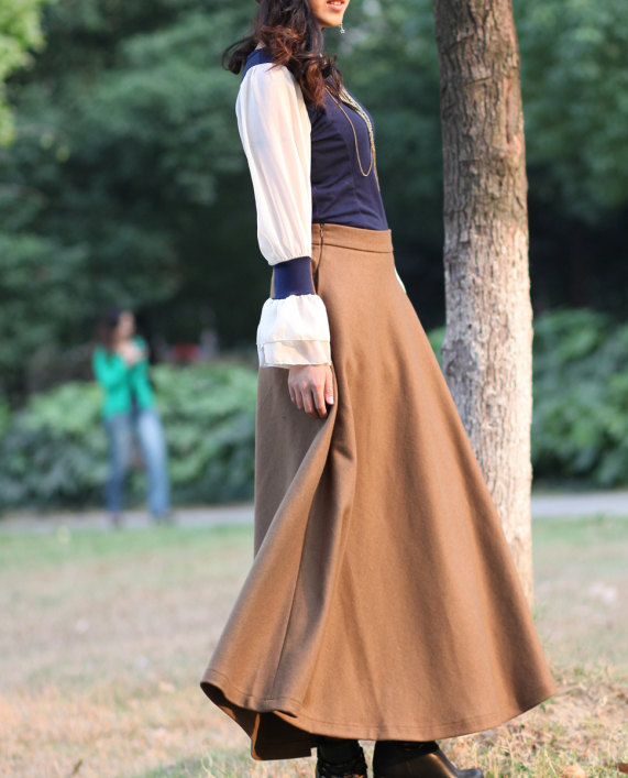 Women S A Line Wool Skirt Coffee Maxi Skirt Winter Wool Long Skirt