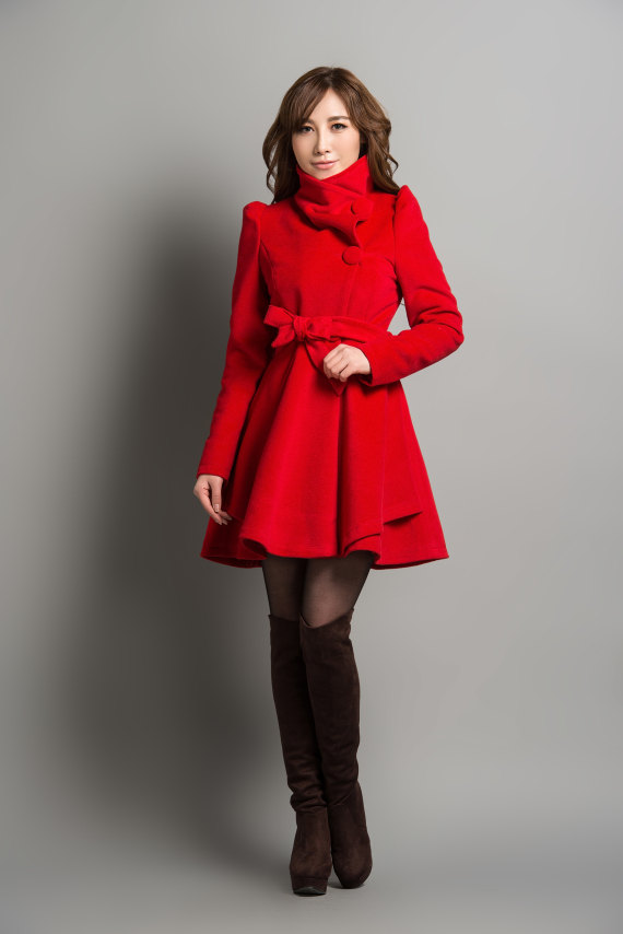 Autumn Winter Coat Cashmere Red Jacket Long Sleeves Women Wool