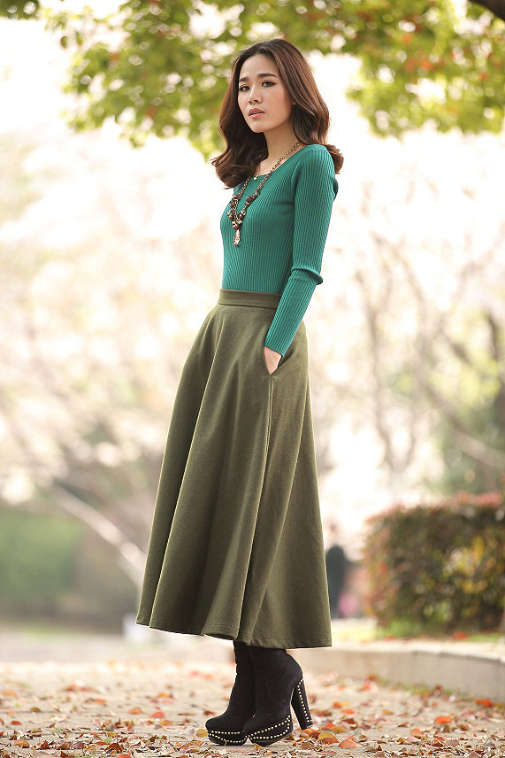 Long wool skirt, Elastic waist skirt, Maxi skirt, Wool skirt