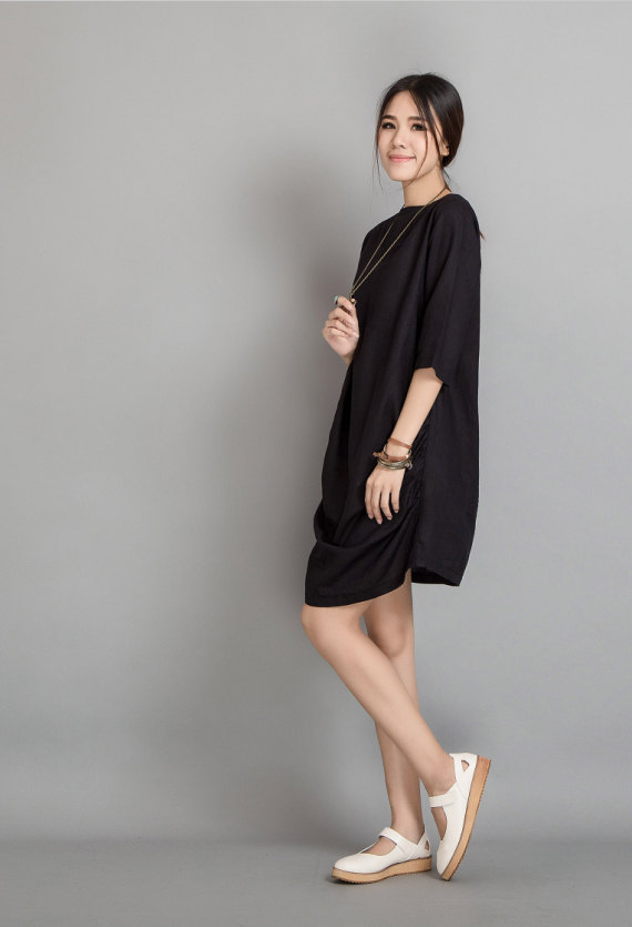 Elbowlength Sleeve Black Linen Tunic Plus Size Top (109) on Luulla