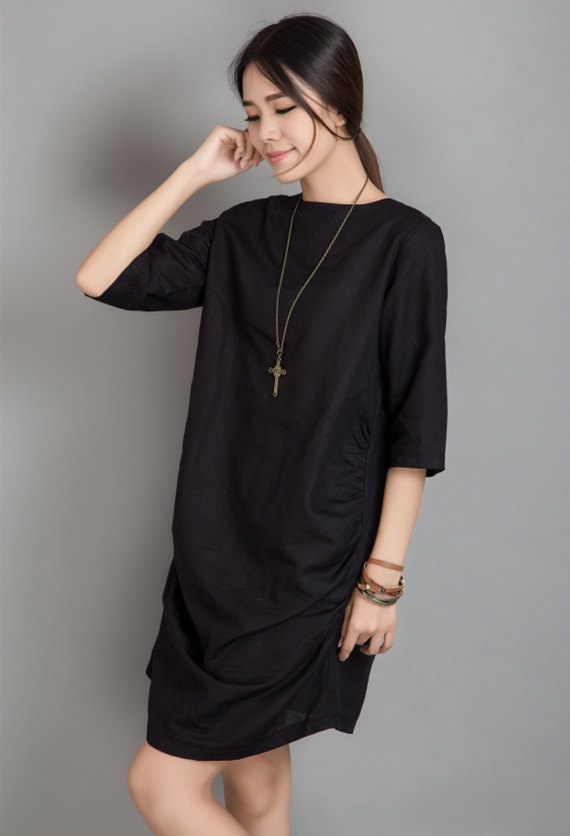 Elbow-length Sleeve Black Linen Tunic Plus Size Top (109) on Luulla