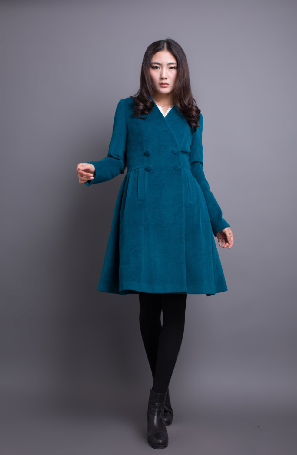 Peacock Blue Coat Pleated Wool Winter Coat Women Long Jacket