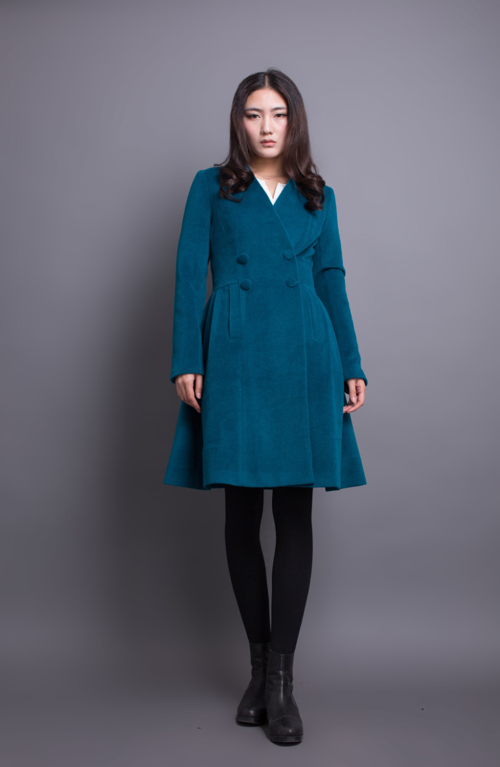Peacock Blue Coat Pleated Wool Winter Coat Women Long Jacket on Luulla