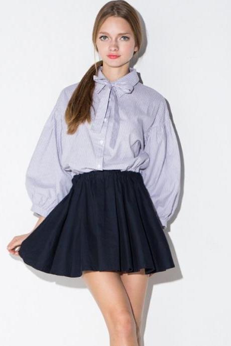 Spring And Summer Navy Stripes Splicing Shirt Dress Fake Two Piece Sweet Bowknot A Line Dress