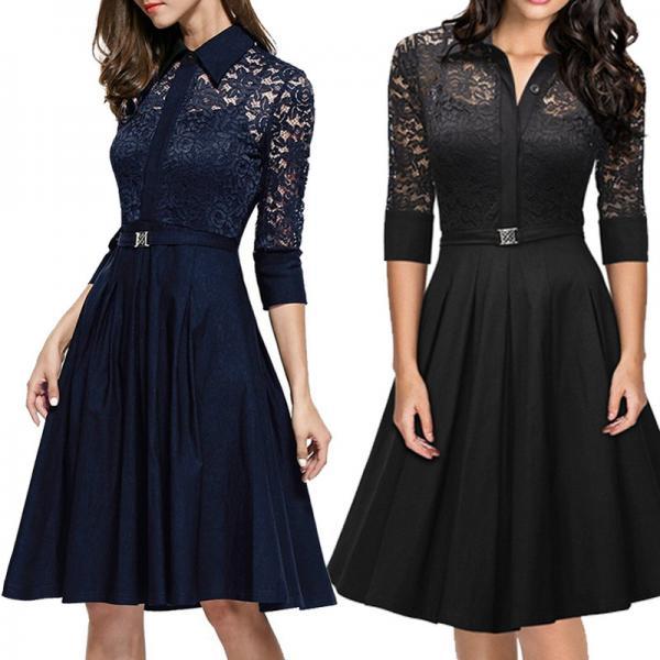Women's Vintage 1950s Style 3/4 Sleeve Black Lace Flare A-line Dress on ...