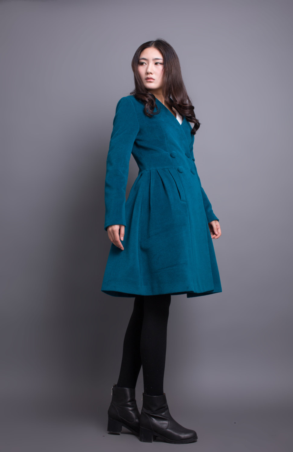 Peacock Blue Coat Pleated Wool Winter Coat Women Long Jacket on Luulla