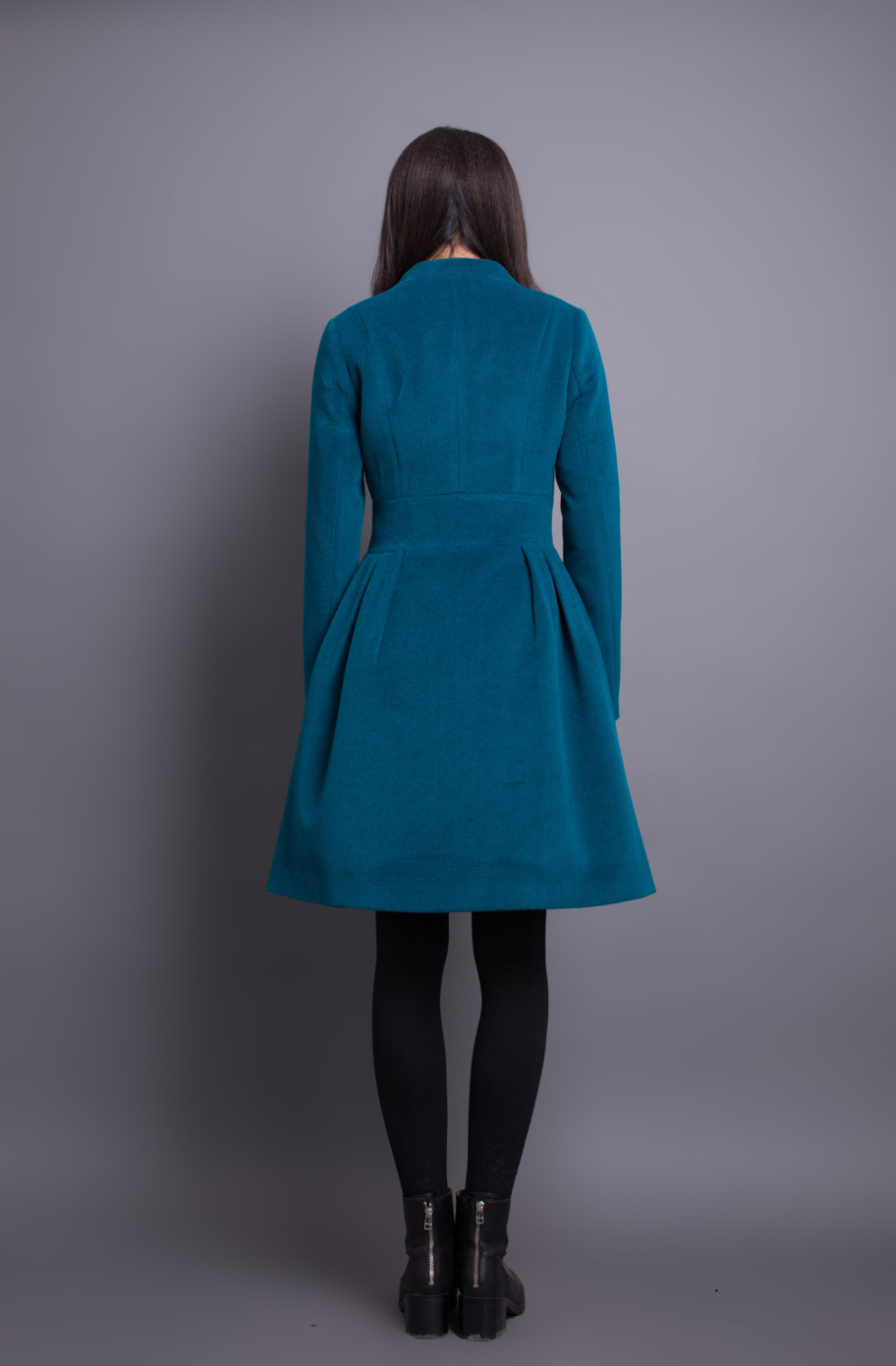 Peacock Blue Coat Pleated Wool Winter Coat Women Long Jacket on Luulla